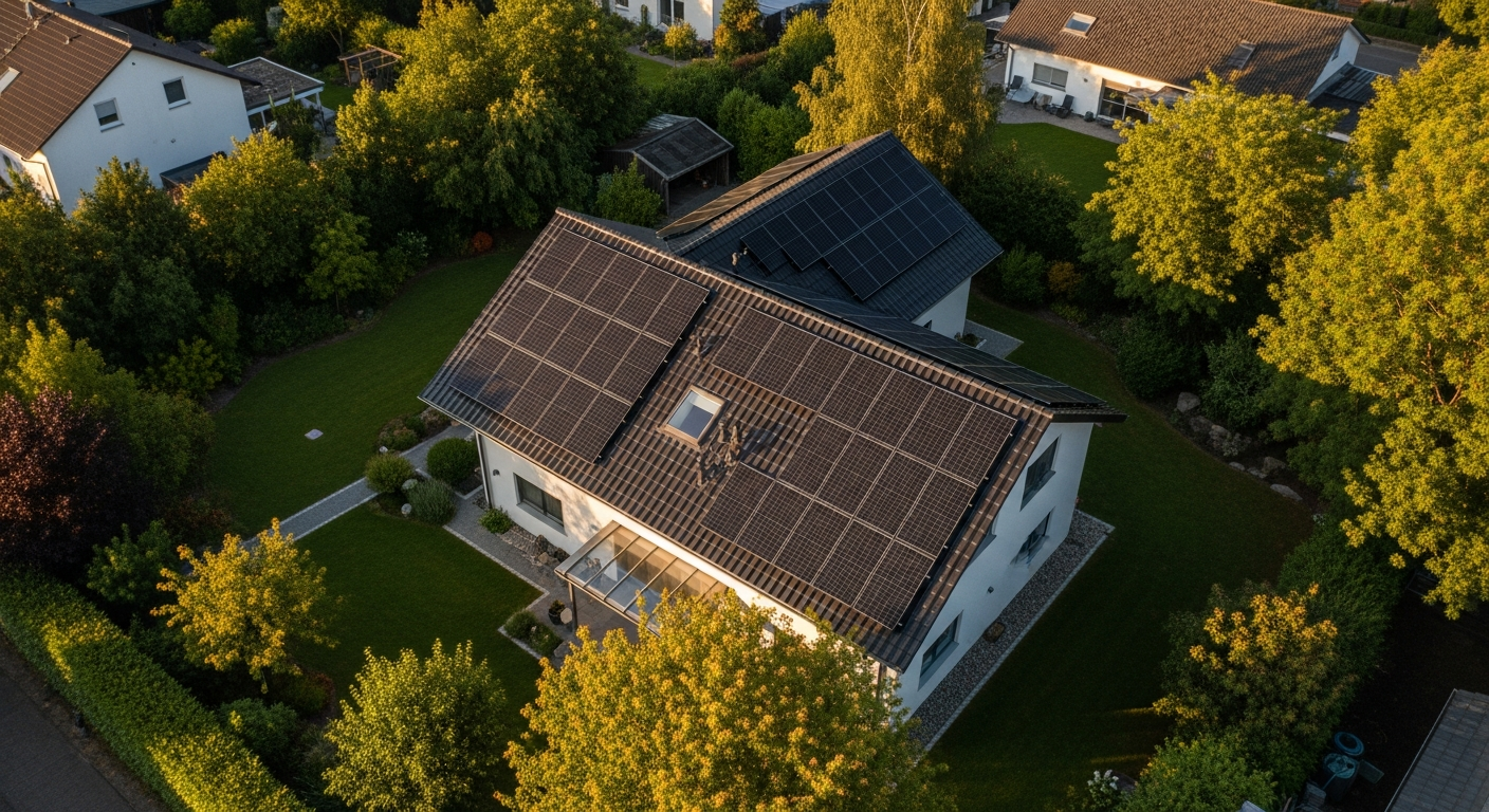 Vollbelegtes Dach mit Photovoltaik aus der Vogelperspektive