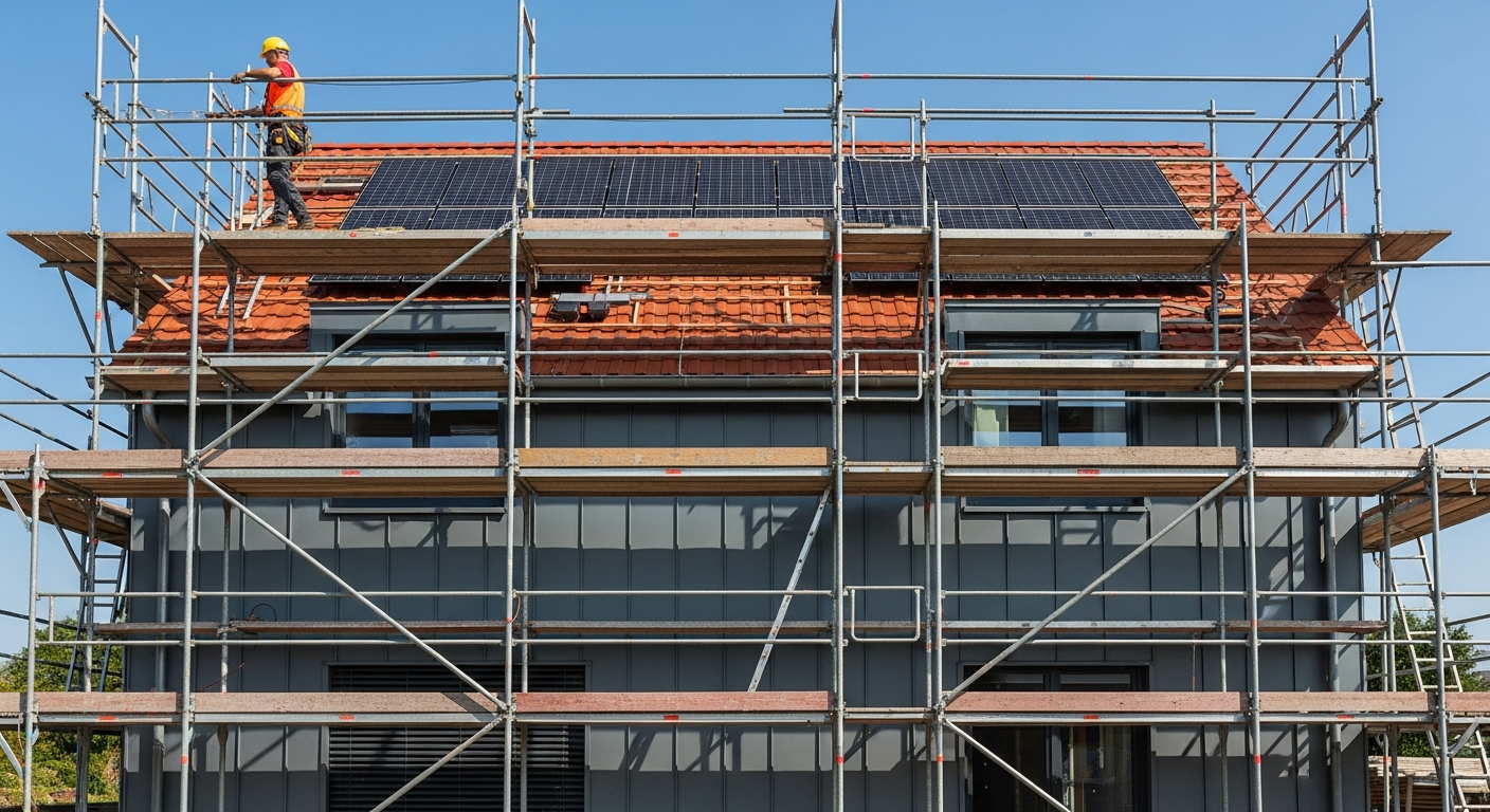 Fassadengerüst bei der Solaranlagen-Montage
