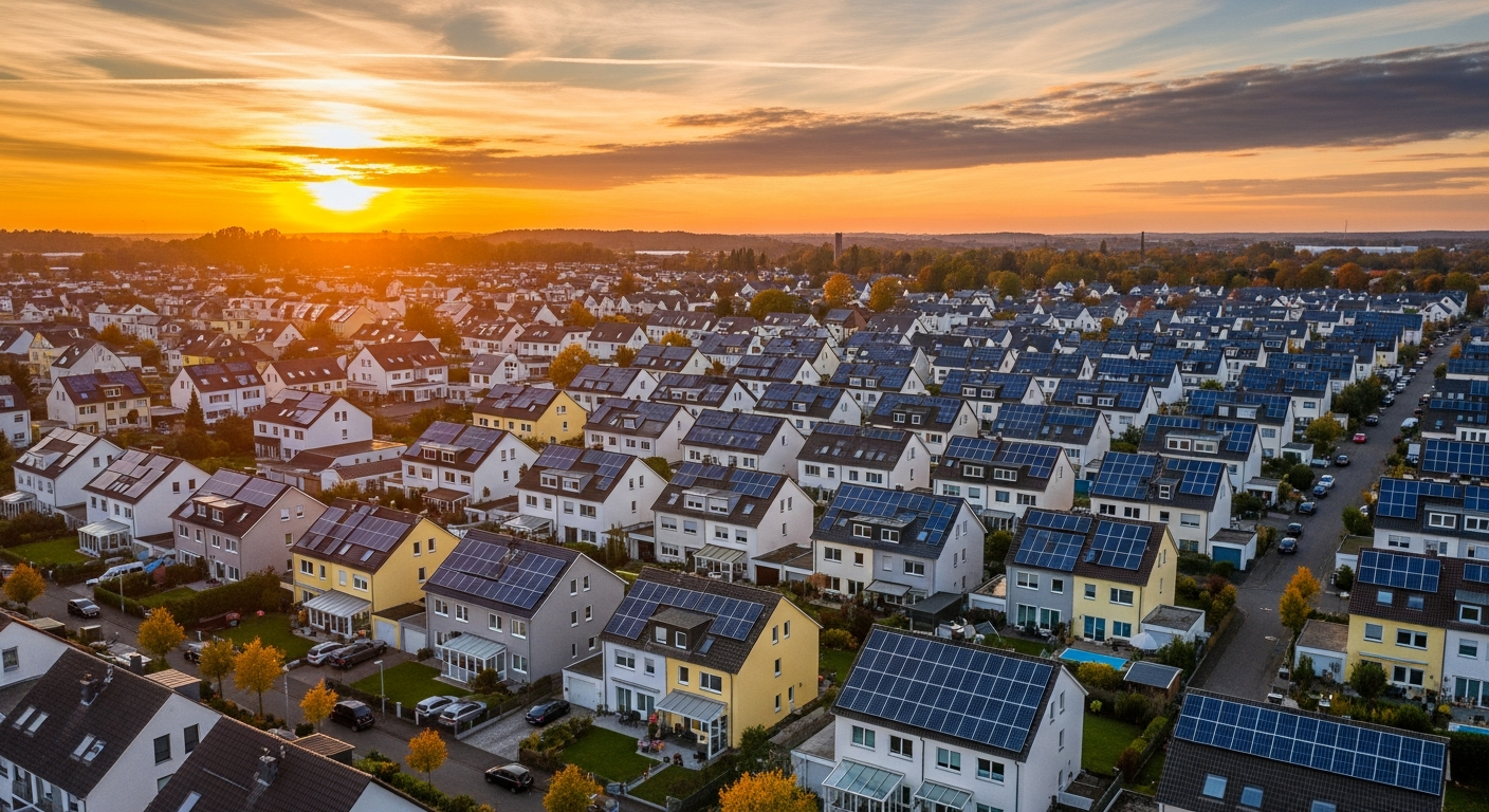 Luftaufnahme eines deutschen Wohnviertels im Abendlicht, dessen Dächer fast geschlossen mit dunkelblauen Photovoltaik-Modulen belegt sind