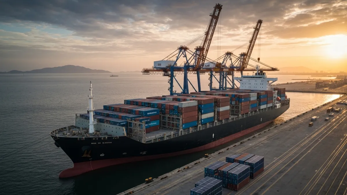 Containerschiff im Hafen mit Solarmodulen – Chinas Exportpolitik verändert den PV-Markt