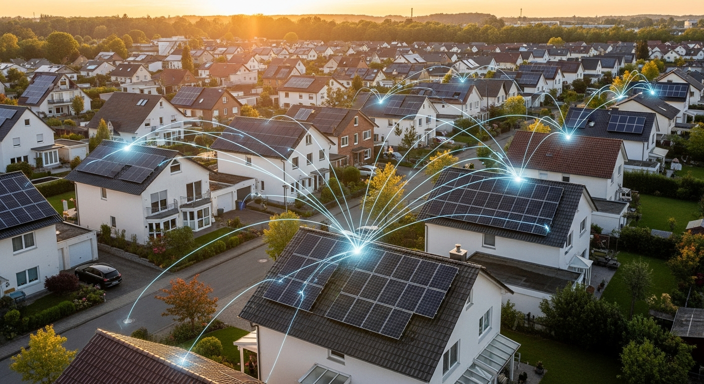 Solaranlagen auf benachbarten Häusern einer deutschen Wohnsiedlung, symbolisch für das bilanzielle Teilen von PV-Strom ab § 42c EnWG