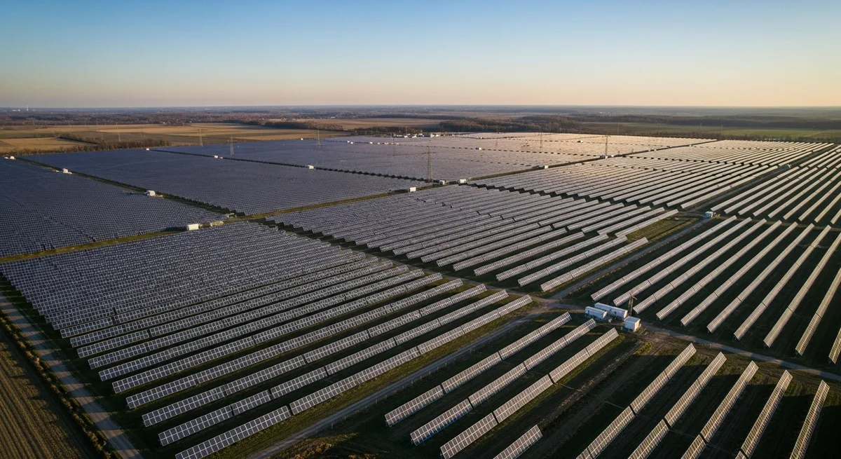 Luftaufnahme eines großen Freiflächen-Solarparks mit langen Reihen dunkelblauer Photovoltaik-Module im ländlichen Ostdeutschland bei Abendlicht
