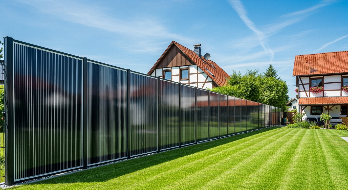 Solarzaun (Zaun-PV) mit bifazialen Modulen als Grundstückseinfriedung vor einem Einfamilienhaus