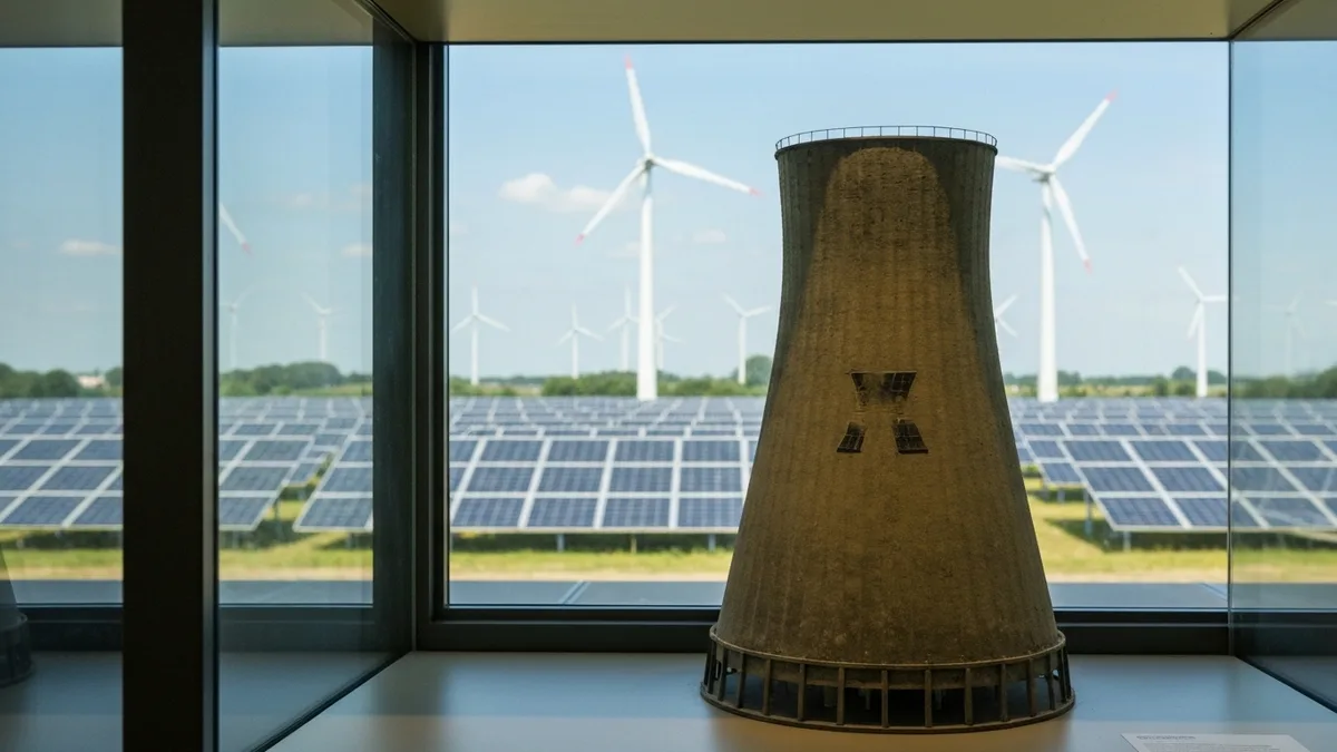 Kuehlturm-Modell im Museum hinter Glas – draußen Solarpark und Windräder: Atomkraft als Relikt der Vergangenheit