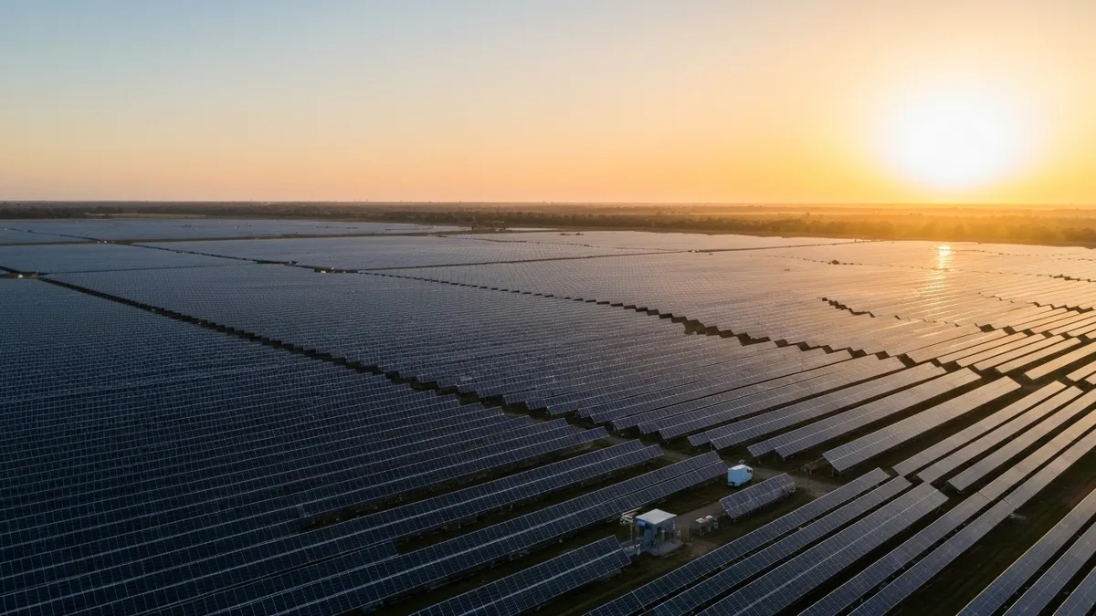 Riesige Solarfarm bei Sonnenaufgang – Rekordzubau in Deutschland
