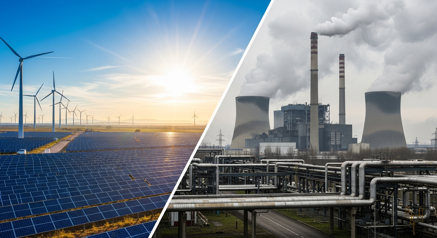 Vergleich Spanien vs. Deutschland: Solarpark und Windräder links, fossiles Kraftwerk mit Gasleitungen rechts