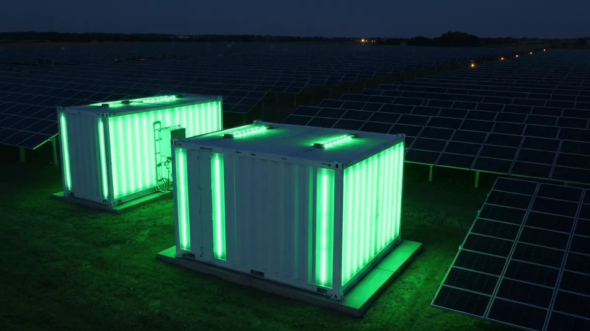 Großspeicher-Container mit grünen LEDs neben einer Solarfarm bei Nacht